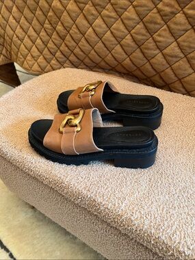 AEROSOLES Tan Leather Slide Mules with Gold Chain Accent